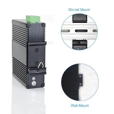 Rugged Industrial Six Port Gigabit Ethernet Switch With 90 To 250V AC Input, DIN rail and wall mount options shown