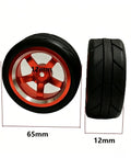 Drift Ready CNC Metal Wheels With 65mm Drift Tires And 12mm Hex Hub For One Tenth Scale RC Cars, side and front view
