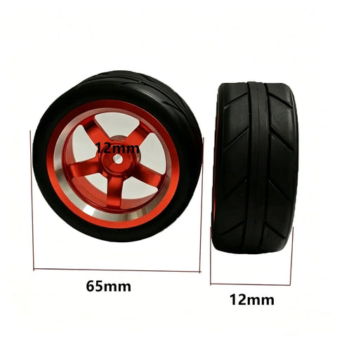 Drift Ready CNC Metal Wheels With 65mm Drift Tires And 12mm Hex Hub For One Tenth Scale RC Cars, side and front view