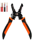 Five In One Wire Stripper And Crimping Tool For Ten To Twenty Two AWG Electrical Wires with orange handles and wire examples.