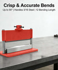 Heavy Duty Press Brake Attachment For 12 To 20 Ton Hydraulic Shop Presses With 12 Inch Bending Length And 3 Sixteenth Inch Thickness Capacity Dual Spring Design For Metal Sheets And Complex Shapes Forming Red on a workbench.