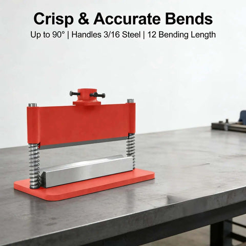 Heavy Duty Press Brake Attachment For 12 To 20 Ton Hydraulic Shop Presses With 12 Inch Bending Length And 3 Sixteenth Inch Thickness Capacity Dual Spring Design For Metal Sheets And Complex Shapes Forming Red on a workbench.