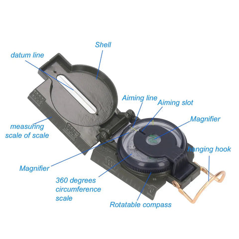 Durable Alloy Survival Compass With Metal Cover And High Accuracy North Indicator featuring shell and magnifier details