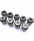 Heavy Duty Spring Collet Set For Engraving And Milling Machines Including ER25 Chuck With High Precision Runout Tolerance Of 0.015mm Made From Heat treated Alloy Steel, showing various sizes and a robust design.