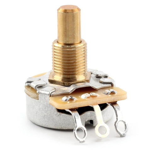 Close-up of a CTS 500k guitar potentiometer with brass shaft and three solder lugs.