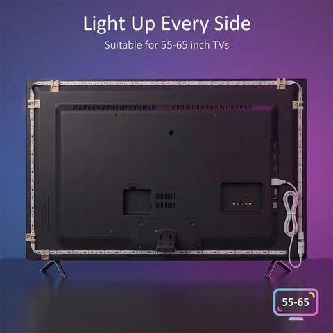 55 To 65 Inch TV LED Backlight Kit With Bluetooth App And Remote Control Strip Lights on TV back view setup