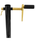Close-up of a Heavy Duty Motorcycle Stand Lift component with gold locking mechanism and black handle for maintenance and storage.