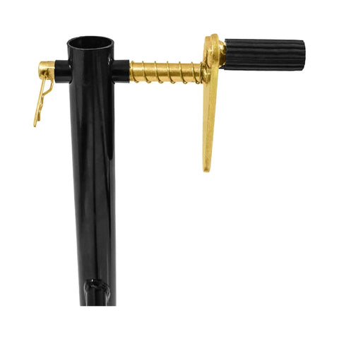 Close-up of a Heavy Duty Motorcycle Stand Lift component with gold locking mechanism and black handle for maintenance and storage.