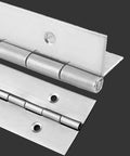 Two Pack One Eight Inch Stainless Steel Piano Hinges Heavy Duty Build With Pre Drilled Holes For Quick Snappy Setup Rust Proof Finish Built Tough Professional Jobs close-up view of hinges