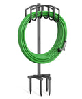 Detachable Metal Garden Hose Holder Stand With Upgraded Four Spike Design Heavy Duty Freestanding Hose Reel Rack And Outdoor Hose Storage Organizer Keeps Your Yard Neat And Hoses Ready To Roll showing hose looped around holder.