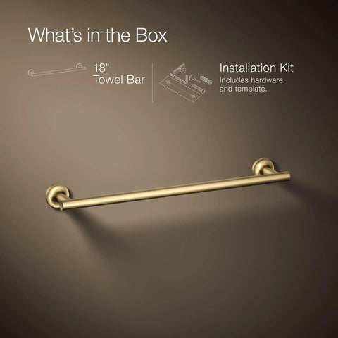 Purist 18-Inch Towel Bar In Vibrant Brushed Moderne Brass Dope Finish installation kit shown with sleek architectural lines