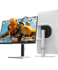 Front and rear view of 27 Inch Gaming Monitor With 200 Hz Refresh Rate 1440P QHD Fast IPS 1ms Response No Lag Built In Speakers Adaptive Sync 131 Percent sRGB Adjustable Tilt Swivel Pivot Height Ergonomic Stand HDMI DisplayPort White H27T6