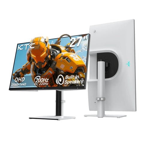 Front and rear view of 27 Inch Gaming Monitor With 200 Hz Refresh Rate 1440P QHD Fast IPS 1ms Response No Lag Built In Speakers Adaptive Sync 131 Percent sRGB Adjustable Tilt Swivel Pivot Height Ergonomic Stand HDMI DisplayPort White H27T6