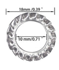 M10 External Tooth Serrated Lock Washer Made From 304 Stainless Steel, 18mm outer diameter, with measurements shown