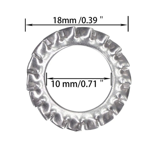 M10 External Tooth Serrated Lock Washer Made From 304 Stainless Steel, 18mm outer diameter, with measurements shown