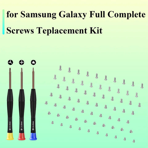 Gotta Get This Straight Fire Samsung Galaxy Complete Screw Replacement Kit For A54 A53 A52s A51 A50s A42 A41 A40s A34 A33 A32 A31 A30 Series Toolkit with screwdrivers and screws.