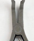 Front view of crimping pliers with blue grips for jewelry making, ideal for beading and secure closures. Lightweight and compact design.