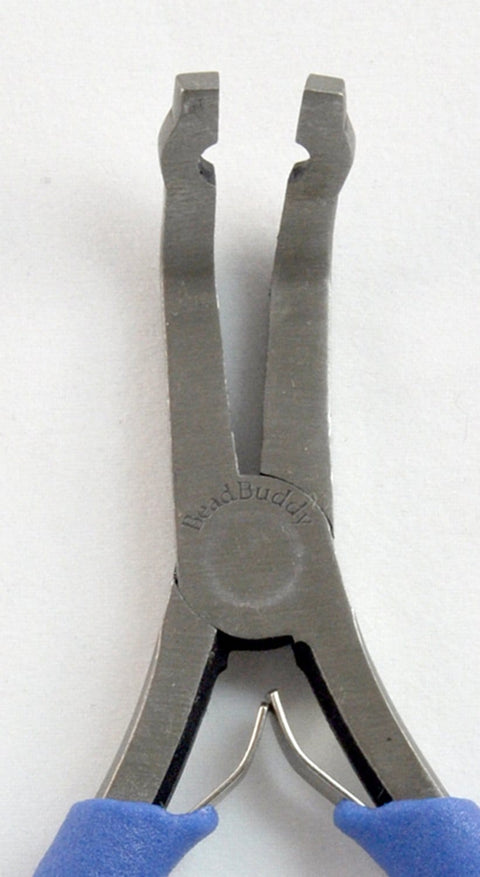 Front view of crimping pliers with blue grips for jewelry making, ideal for beading and secure closures. Lightweight and compact design.