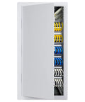 Built Tough 14 By 29 Inch White Polystyrene Drywall Access Panel Paintable Concealed Maintenance Door with open cover revealing inner wiring.
