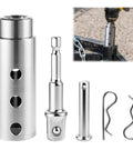 Beefed Up Stainless Steel Trailer Jack Drill Adapter Kit With One Inch Drive Shaft And One Half Inch Socket components displayed