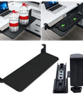 Hella Sturdy Under Desk Keyboard And Mouse Tray Pull Out Sliding Platform With Secure C Clamp Mount System, black surface, holds drinks and keyboard.