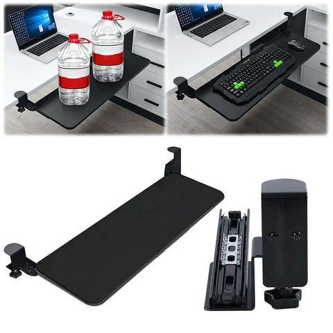 Hella Sturdy Under Desk Keyboard And Mouse Tray Pull Out Sliding Platform With Secure C Clamp Mount System, black surface, holds drinks and keyboard.