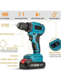 No-Brainer Brushless 4-Piece Cordless Power Tool Set Including Angle Grinder Hammer Drill Impact Wrench Rechargeable Battery Non-Slip Comfort Grip Extended Life Motor Ideal For Wood Steel Brick DIY Chores, 21V cordless hammer drill with variable speed and LED light.