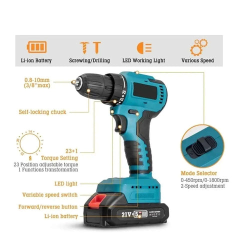 No-Brainer Brushless 4-Piece Cordless Power Tool Set Including Angle Grinder Hammer Drill Impact Wrench Rechargeable Battery Non-Slip Comfort Grip Extended Life Motor Ideal For Wood Steel Brick DIY Chores, 21V cordless hammer drill with variable speed and LED light.