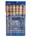 Six Piece Four Inch Key File Set With Handy Wooden Handles In Protective Plastic Pouch displayed vertically
