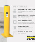 Heavy Duty Steel Bollards 42 Inches Tall With Yellow Black Reflective Tape And Concrete Fillable Core For Bulletproof Garage Boundary Shield. Features include removable cover and safety yellow color.