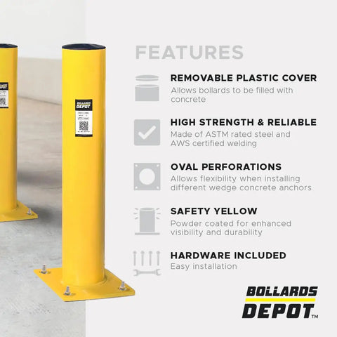 Heavy Duty Steel Bollards 42 Inches Tall With Yellow Black Reflective Tape And Concrete Fillable Core For Bulletproof Garage Boundary Shield. Features include removable cover and safety yellow color.