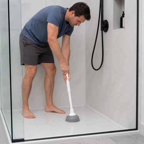 Man using a Slick Modern Toilet Plunger With 19 Inch Handle And Gray Rubber Cup in a shower to clear clogs.