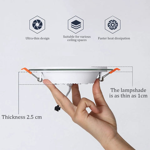 VOGHMOLD 12W LED Recessed Ceiling Light Glass Panel Downlight 6 inch shown in hand, highlighting ultra-thin design of 2.5 cm thickness.