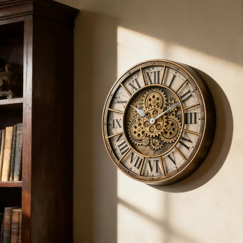 18 Inch Moving Gears Wall Clock Oversized Industrial Steampunk Design With Antique Oil Rubbed Bronze Finish on wall with vintage books.