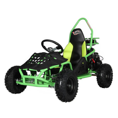 Gas Powered Go Kart With Pull Start, 49cc 4 Stroke Engine, Rear Disc Brake, 6 Inch Wheels, Green Finish, Durable Frame