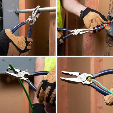 High Leverage Lineman Pliers With Crimp Die And Toothed Pipe Grip Induction Hardened Knives 8 Inch Electrician Tool in use