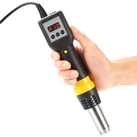 Hand holding Pro Grade Hot Air Rework Station With Digital Temperature Control And 600W SMD Desoldering Gun showing LED Display.
