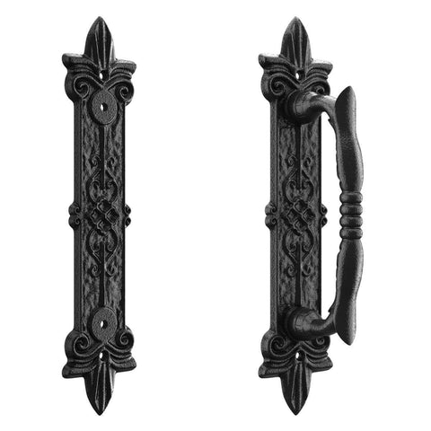 Heavy Duty 9 Inch Antique Barn Door Handle Set Of 2, Big Rustic Carved Door Pull For Gates Garages And Sheds, Black Powder Coated Finish