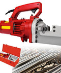 MXJCKSOQ Electric Hydraulic Rebar Cutter Handheld Steel Bar Cutting Machine 1250W Motor with red storage case and rebar background.