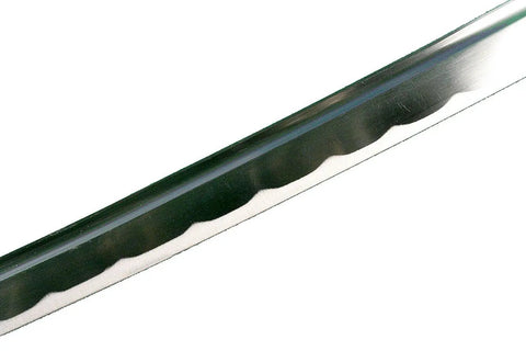 Close-up of Unsharpened Carbon Steel Iaito Practice Katana Sword With Musashi Ring Tsuba, showing full tang and hamon