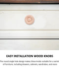 Round Wooden Drawer Knobs Set, 10 Pack, Single Hole Circular Wood Handles on white drawer, solid wood with rich grain
