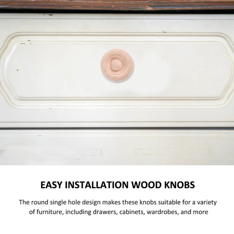 Round Wooden Drawer Knobs Set, 10 Pack, Single Hole Circular Wood Handles on white drawer, solid wood with rich grain