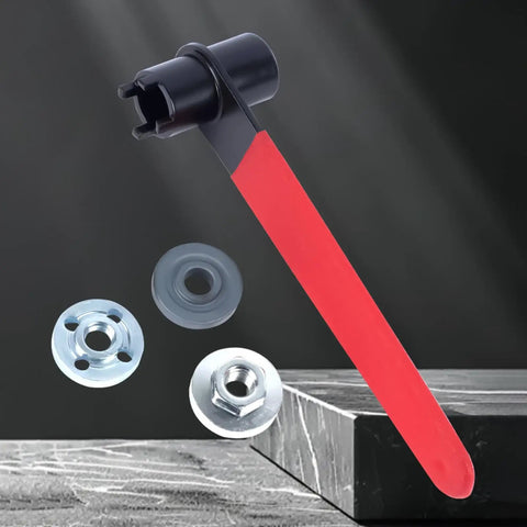 Double Head Four Claw Spanner For Angle Grinder Quick Disc Change, Hex Socket End, with red handle and disc adapters.