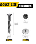DIY 400-Piece Cross Flat Head Self Tapping Screws With 200 Decorative Cover Caps In A Reusable Organizer Box For Woodworking And Home DIY Projects Snap On Caps Hide Screw Heads For Sleek Black Finish And Easy Install size diagram and quantities.