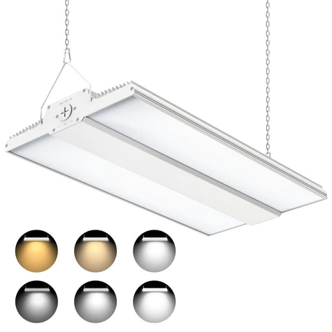 Adjustable Wattage LED High Bay Light 150W 120W 90W, 1.3Ft Linear Hanging Warehouse Lamp, 3000K 4000K 5000K CCT shown with color options