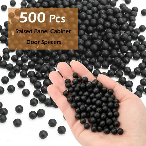 500 Pack Cabinet Door Spacers Rubber Bumper Balls For Raised Panel Grooves Quarter Inch Gap Adjusters shown in hand.