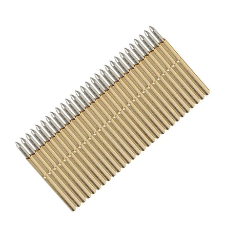 100 Pcs Spring Test Probe Pin Set P75-B1 Brass Tips For PCB Testing, conical 1.4mm head, arranged in a row.