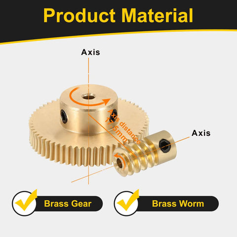 Brass Worm Gear Set 60T 0.5 Module 60 To 1 Reduction Right Rotation Drive Gear Box Wheel Transmission Part With Brass Gear 3mm Bore And Brass Rod 2mm Bore Heavy Duty Precision Gear Assembly brass gear and worm with axis labels