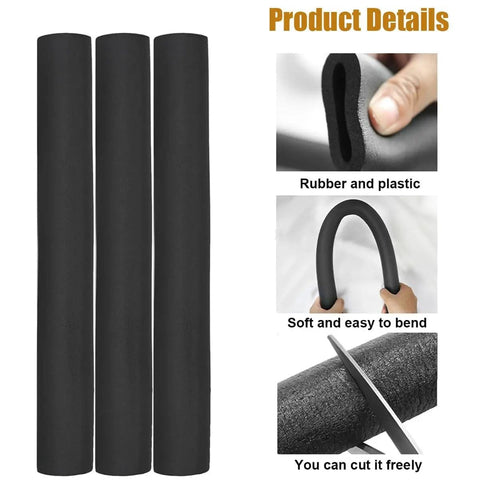 Multi Size Pipe Insulation Foam Tubing Kit showing cuttable, bendable foam sleeves for AC lines, guitar stands, heat retention, freeze protection.