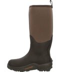 Men's Brown Rubber Wetland Boots With 5mm Neoprene And Calf High Design shown in side view, featuring aggressive outsole for stability.